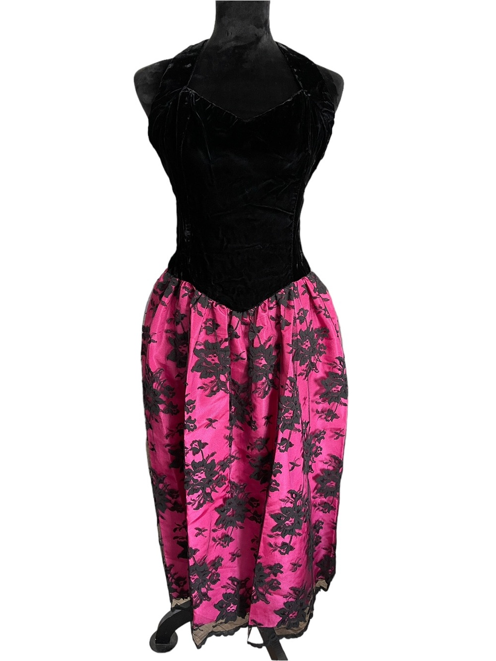 Vintage Gunne Sax Black Velvet Halter Bodice Pink Floral Satin Skirt Dress